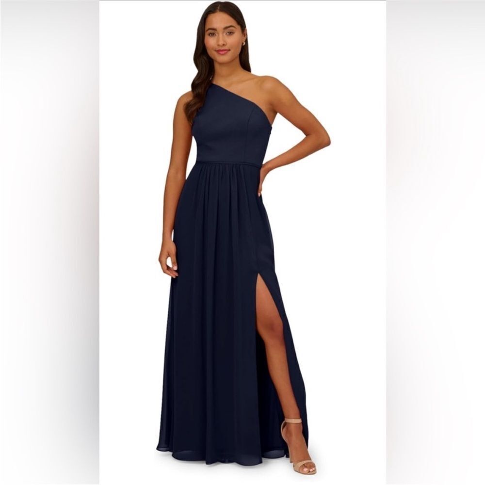 Adrianna Papell NWT One Shoulder Midnight Navy Chiffon Gown size 8